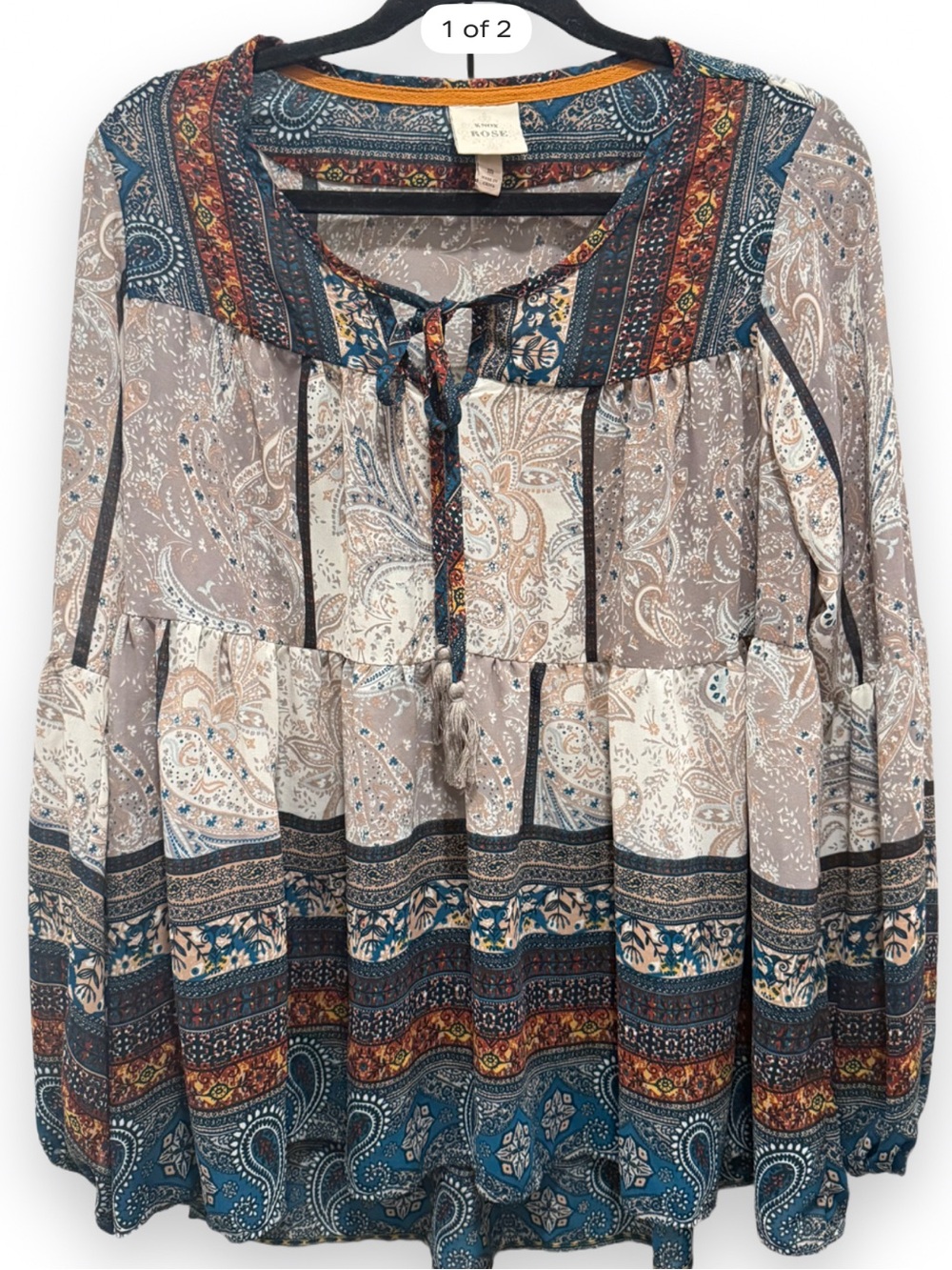 Knox Rose Mixed Paisley Peasant Tunic in Blue, Tan, Cream